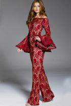 Jovani - 57203 Long Flounce Sleeve Off Shoulder Lace Jumpsuit