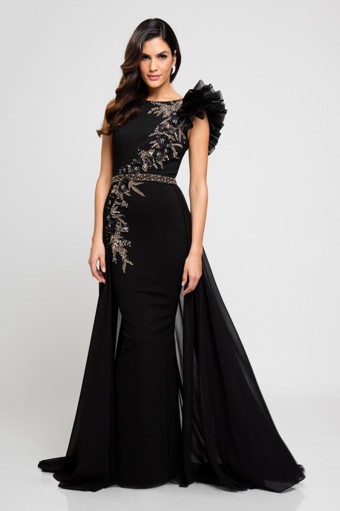 Terani Couture - 1722e4216 Floral Appliqued Sheer Overskirt Gown