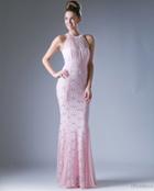 Cinderella Divine - Sleeveless Lace Illusion Halter Sheath Dress