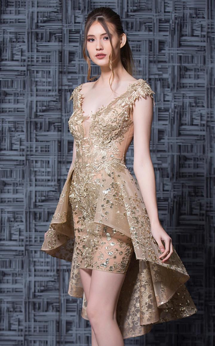 Mnm Couture - K3606 Embroidered Deep V-neck Dress With Overskirt