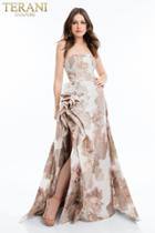 Terani Couture - 1821e7123 Floral Strapless Side Draped Evening Gown