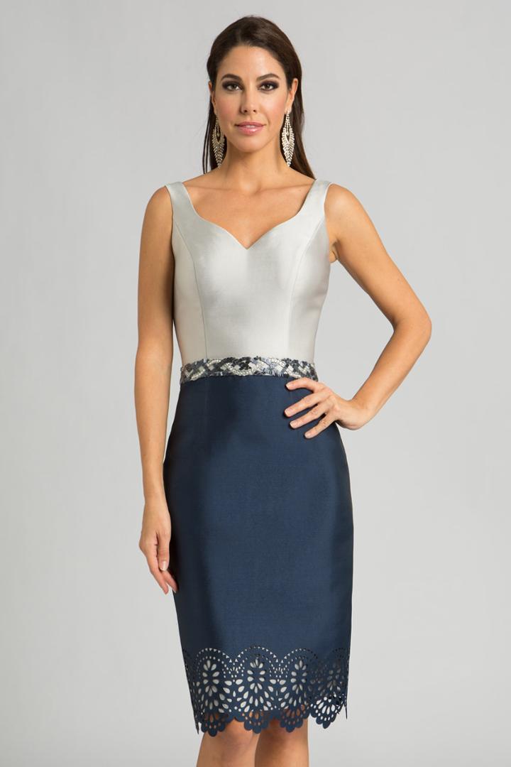 Feriani Couture - 18628 Two Tone Color V-neck Sheath Dress