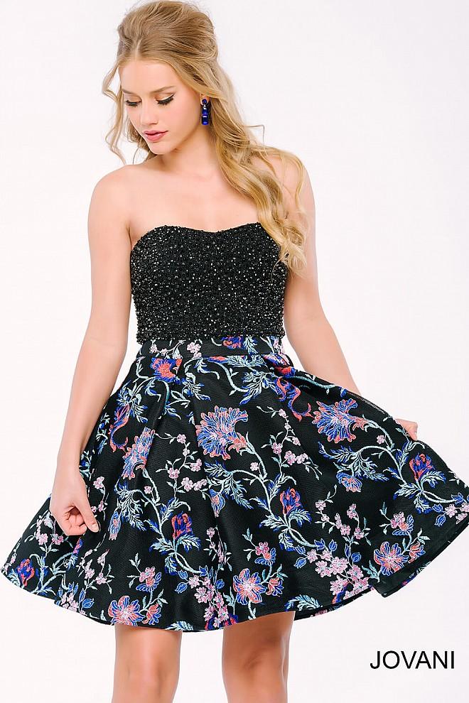 Jovani - Two Piece Beaded Short Dress With Printed Skirt 42809