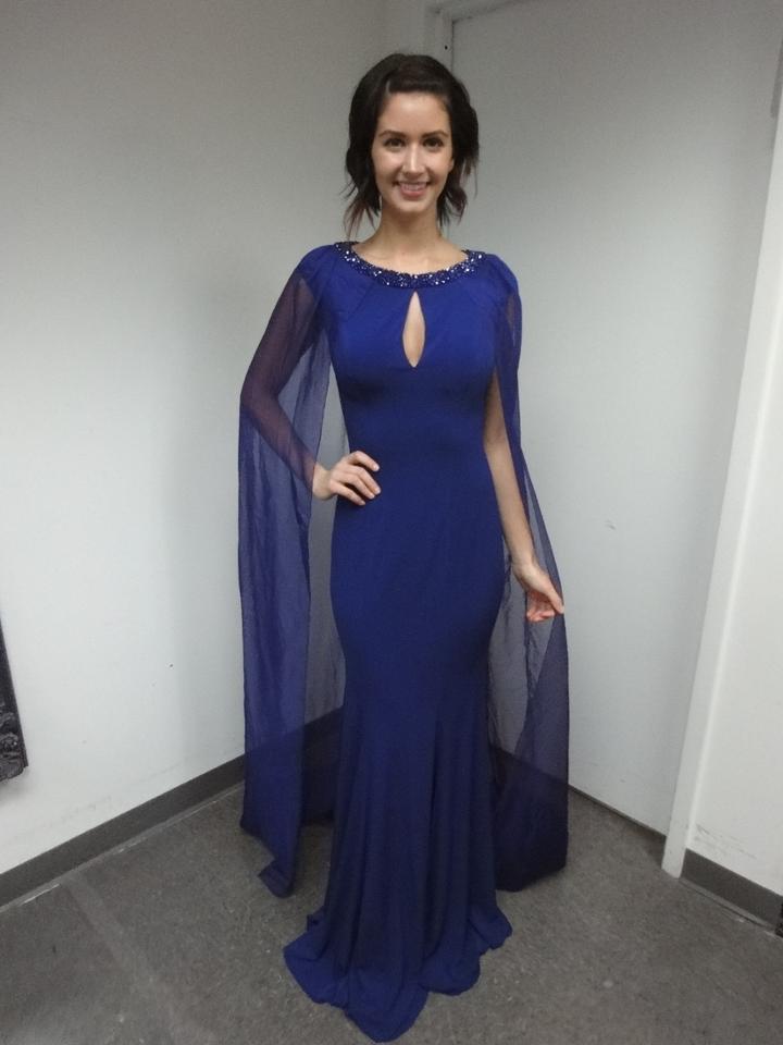 Jovani - Beaded Neckline Chiffon Cape Gown 46672