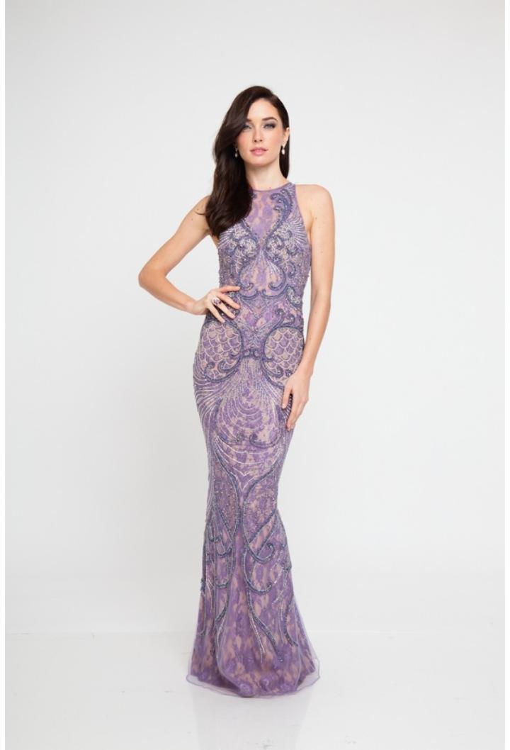 Terani Couture - 1812gl6497 Beaded Lace Illusion Halter Sheath Dress
