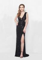 Primavera Couture - 3042 Deep V-neck Sequined Bare Back Gown