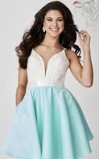 Tiffany Homecoming - Embellished Lace Deep V-neck A-line Short Dress 27103