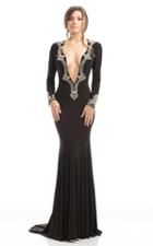 Johnathan Kayne - 7033 Plunging Trimmed Long-sleeve Evening Gown
