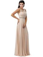 Dancing Queen - Graceful Lace Embroidered Scoop Neck Chiffon A-line Dress 9325