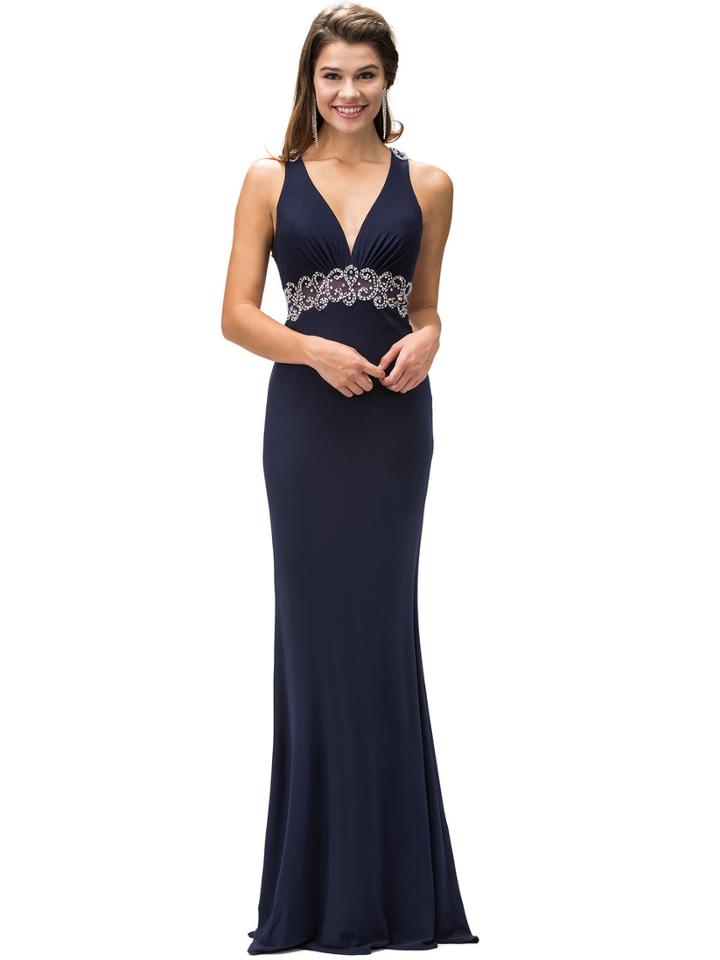 Dancing Queen - Empire-waist V-neck Long Prom Dress With Jewels 9275