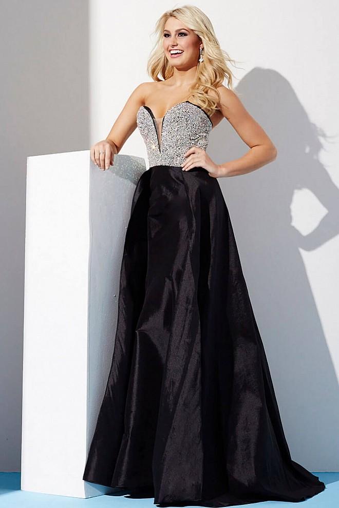 Jovani - Crystal Beaded Deep Cut Sweetheart Bodice A Line Gown 33175