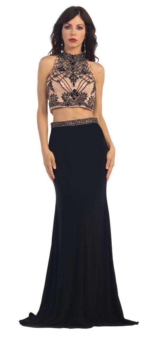 May Queen - Rq7315 Beaded High Neck Two-piece Fitted Gown