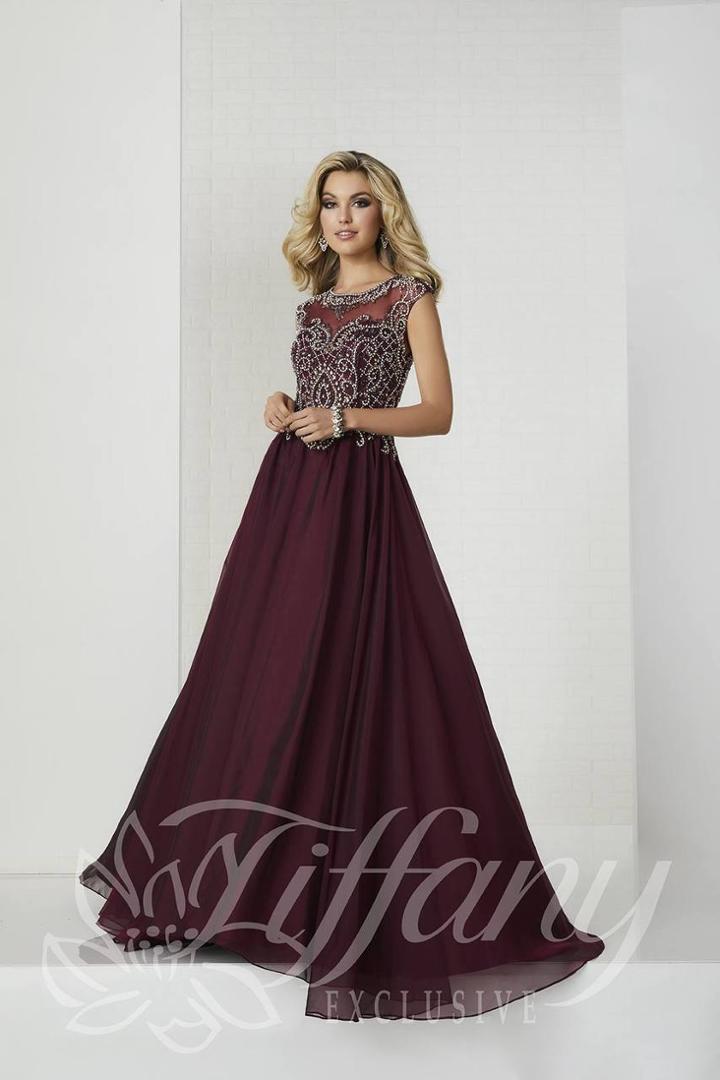 Tiffany Designs - 46137 Beaded Illusion Bateau Neck A-line Gown