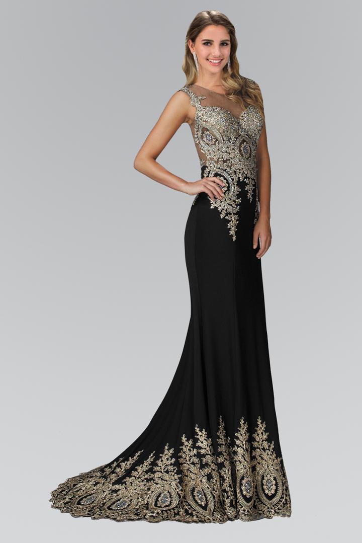 Elizabeth K - Beaded Illusion Scoop Neck Jersey Dress Gl2166