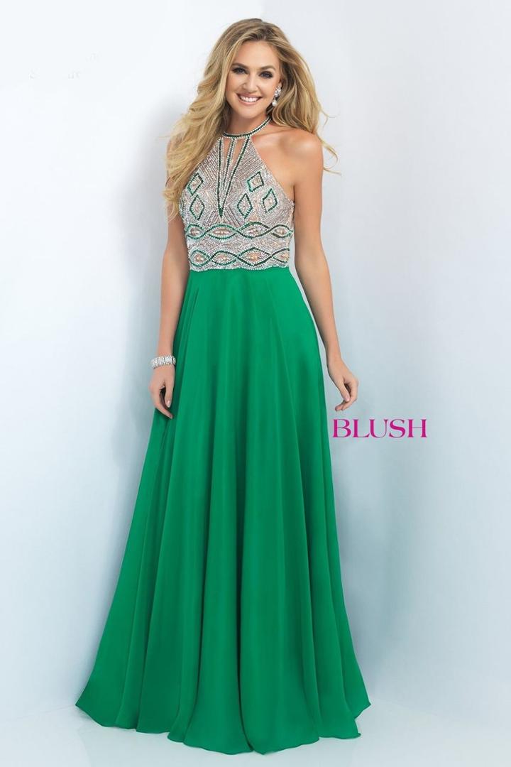 Blush - Bead Embellished High Neck Chiffon A-line Gown 11002