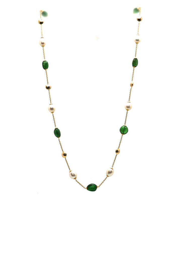 Tresor Collection - Tsavorite Beads & Pearl Necklace In 18k Yellow Gold