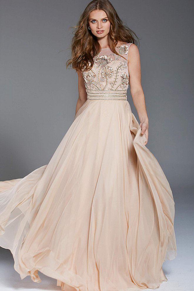 Jovani - 53036 Floral Applique Chiffon A-line Gown