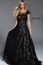 Jovani - 54480 Floral Appliqued Cap Sleeves Evening Gown
