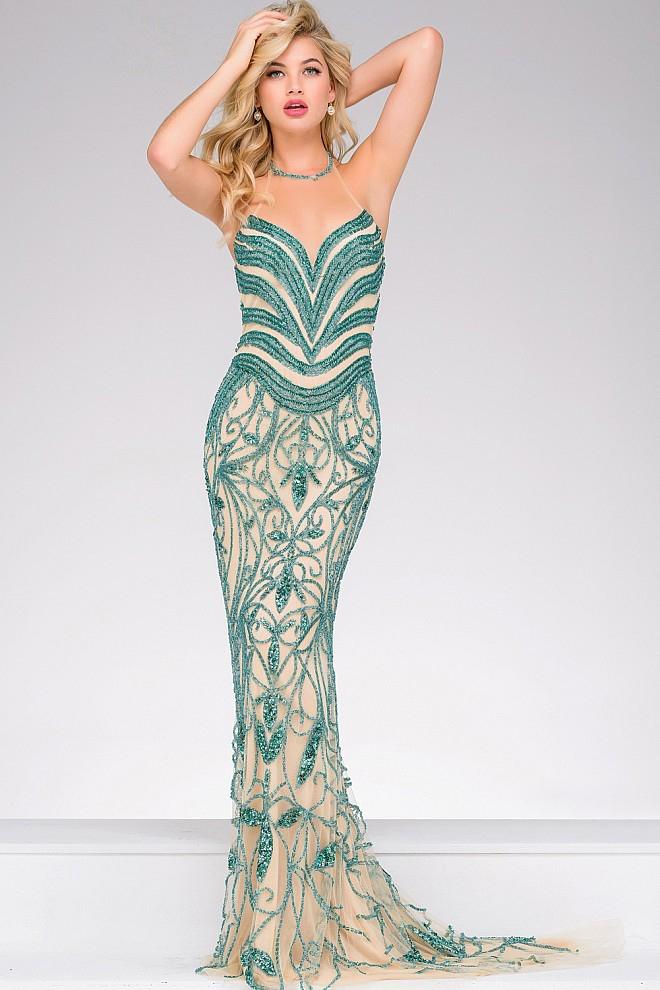 Jovani - Long Embellished Halter Neck Pageant Dress 37583