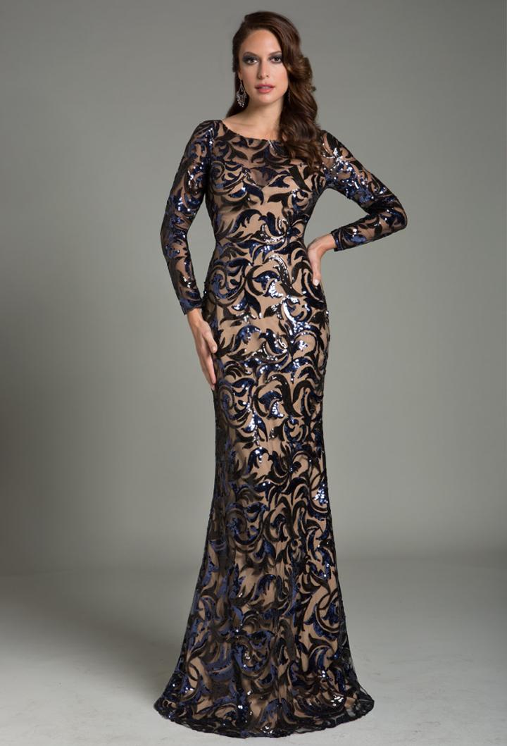 Feriani Couture - 18489 Sheer Long Sleeves Fitted Long Dress