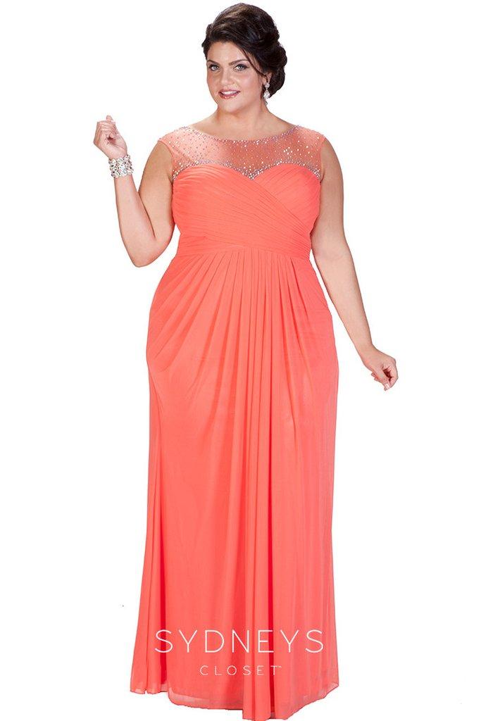 Sydney's Closet - Interwoven Shirred Bateau Illusion Empire Gown Sc7205