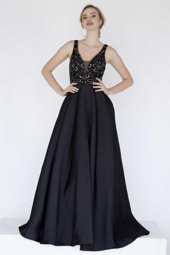 Jolene Collection - 17144 Sequined Plunging Pleated A-line Gown