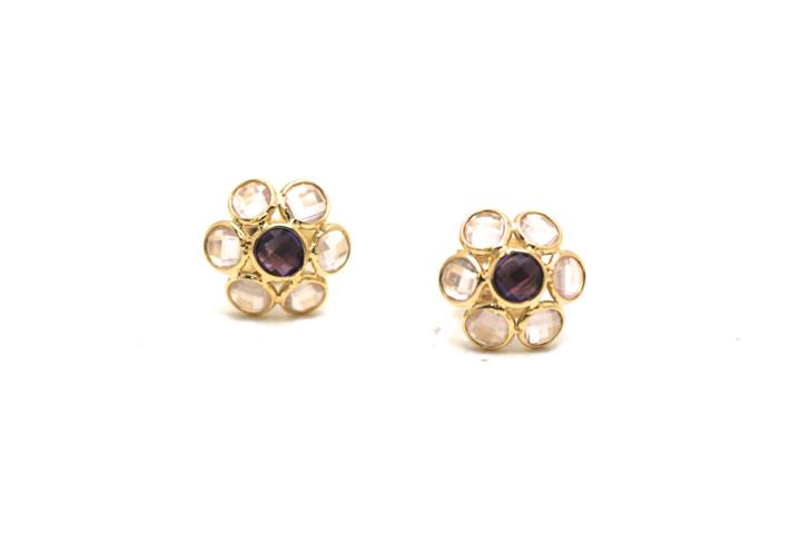 Tresor Collection - Rose Quartz And Amethyst Medium Flower Stud Earrings In 18k Yellow Gold
