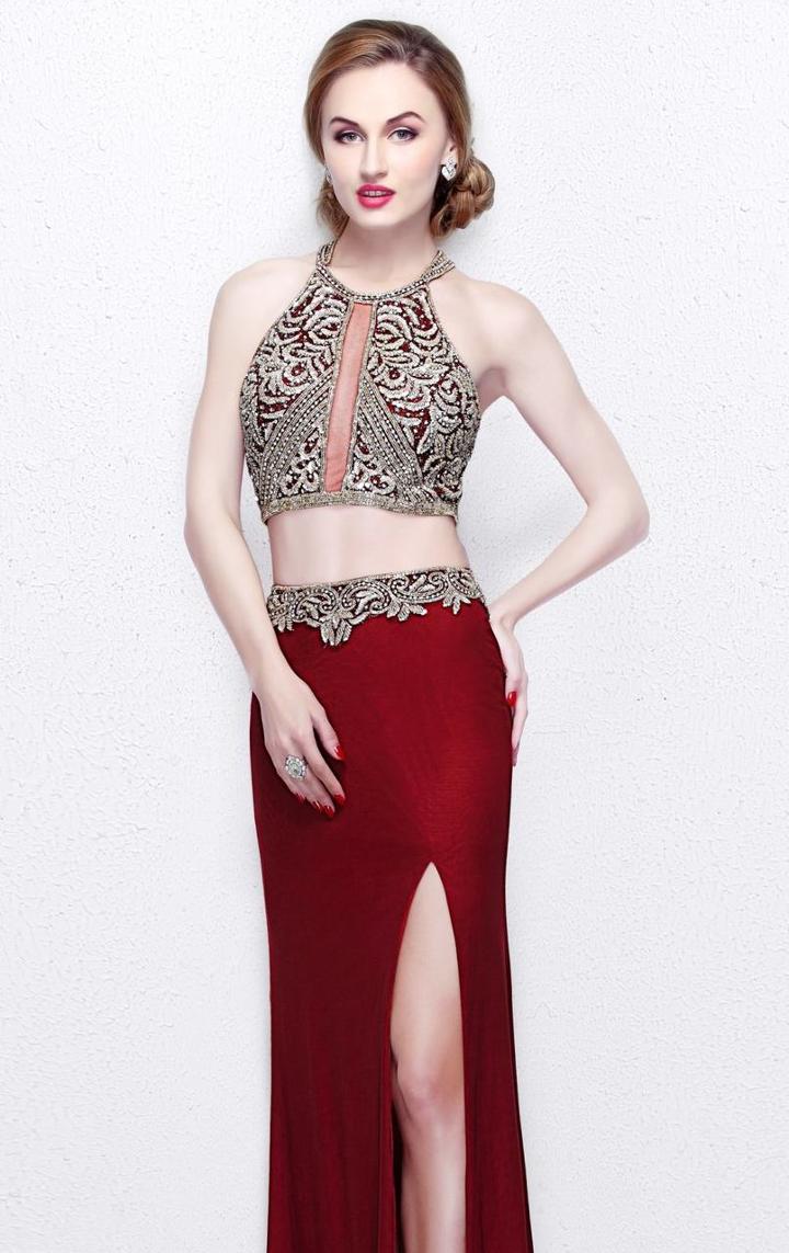 Primavera Couture - Two Piece Halter Long Dress With Slit 1863