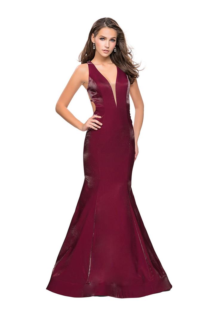 La Femme - 25494 Plunging V-neck Stretch Satin Trumpet Dress