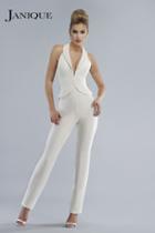 Janique - Sleeveless Beaded Halter Neck Peplum Accented Pantsuit K6548