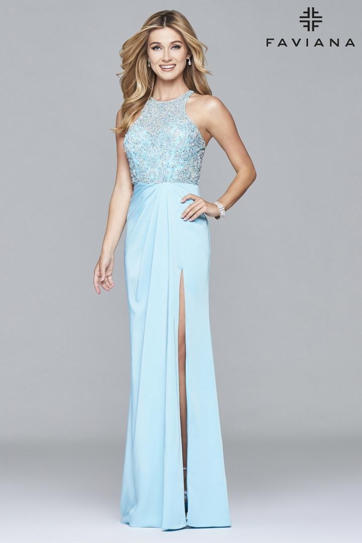 Faviana - S7955 Long Faile Satin Dress With Beaded Bodice