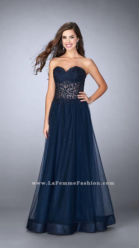 La Femme - Intricate Lace Sweetheart Illusion A-line Long Evening Gown 22964