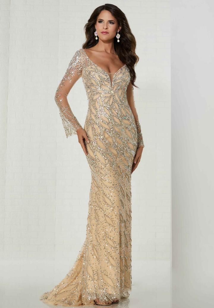 Tiffany Homecoming - 46140 Long Bell Sleeves Beaded Sheath Gown