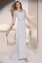 Alyce Paris Black Label - Quarter Sleeve Ruffle Draped Gown - 1 Pc Silver In Size 6 And Size 12 Available