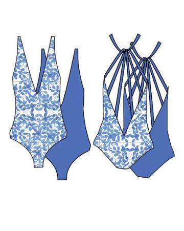 Nicolita Swimwear - Deep V Reversible One Piece Swimwear With Multi Strap Back In Mosaic/blue