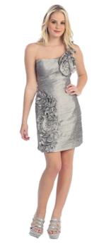 May Queen - Bead And Rosette-accented Asymmetrical Neck Ruched Sheath Dress Mq749