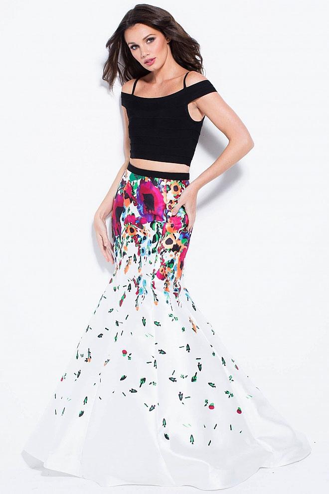 Jovani - 58978 Off The Shoulder Two Piece Floral Prom Gown