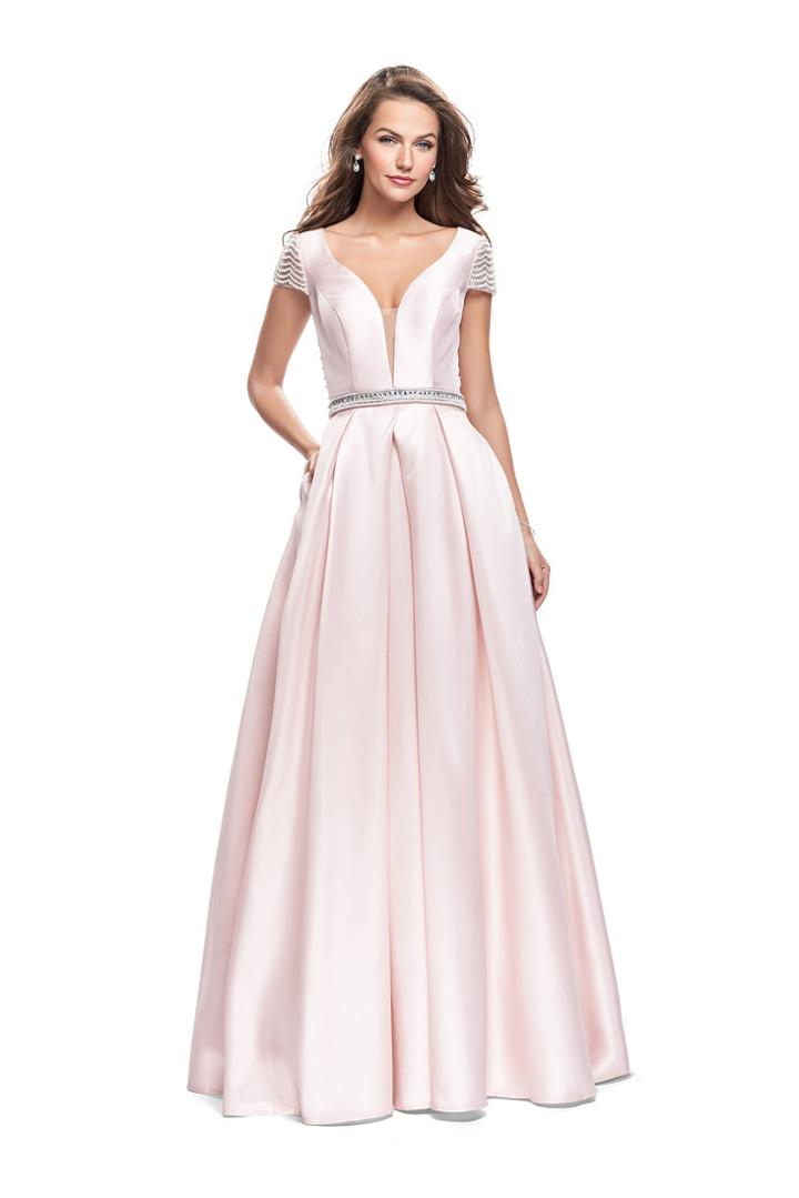 La Femme Gigi - 26327 Pearl Beaded Cap Sleeve Mikado Evening Ballgown