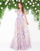 Mac Duggal - 79173d Cap Sleeve Floral Print Lace Gown