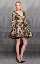 Mnm Couture - N0159 Long Bishop Sleeve Plunging Metallic A-line Dress