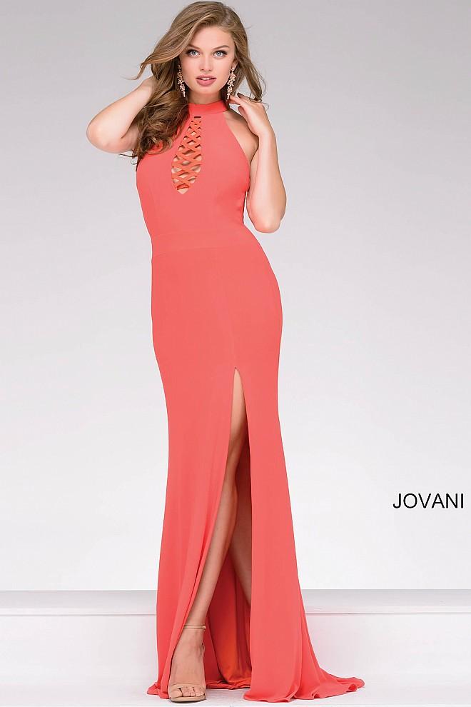 Jovani - Jersey Open Back High Neck Prom Dress 48380