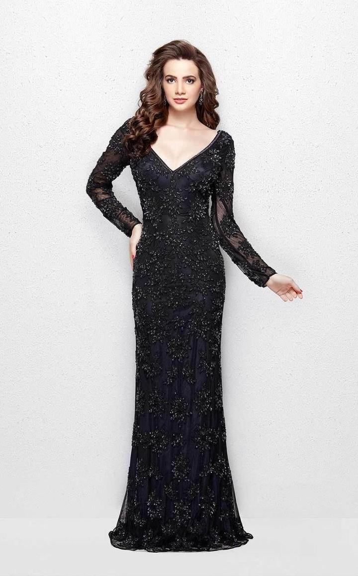 Primavera Couture - 1971 Embellished Long Beaded V-neck Evening Dress