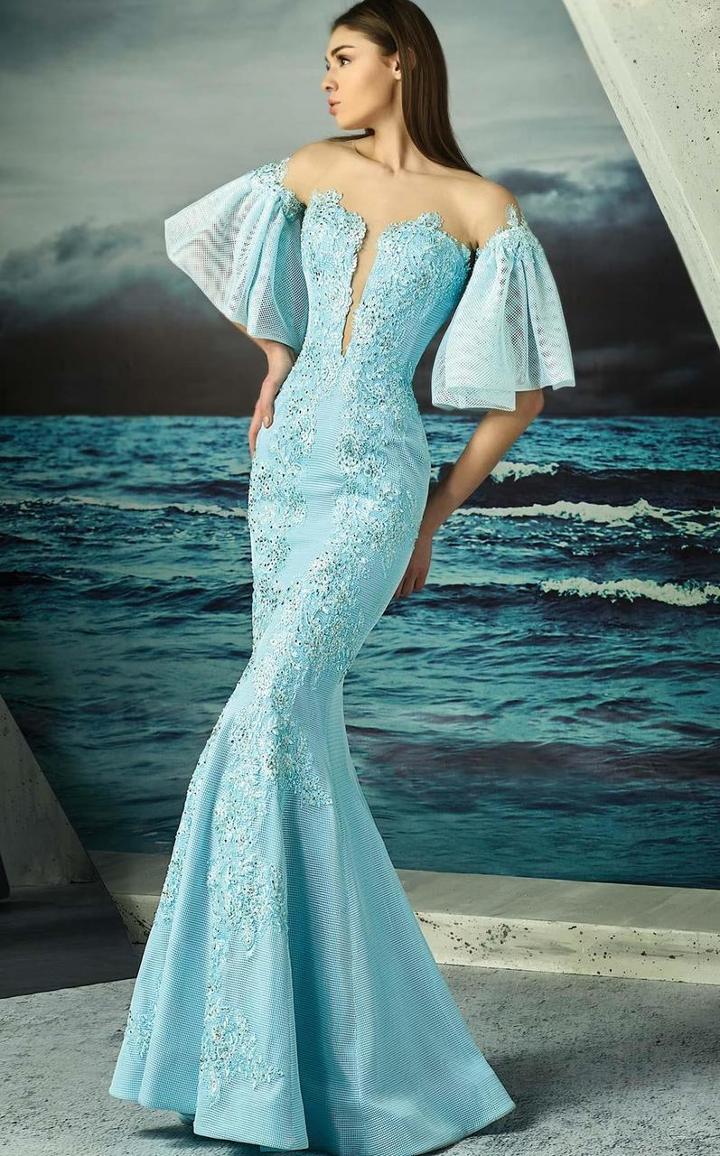 Mnm Couture - Embellished Plunging Neck Mermaid Dress G0795