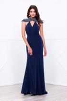 Beaded High Neck Long Evening Gown With Crisscrossed Mesh Open Back
