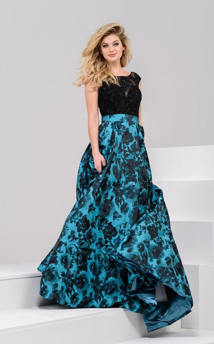 Jovani - 35283 Lacy Scoop Neck Floral Evening Gown