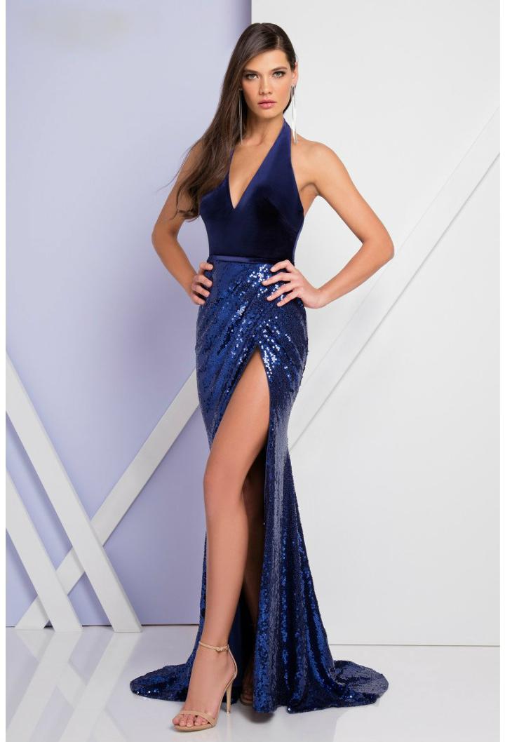 Terani Evening - 1722e4238 Sequined Halter Neck Sheath Dress
