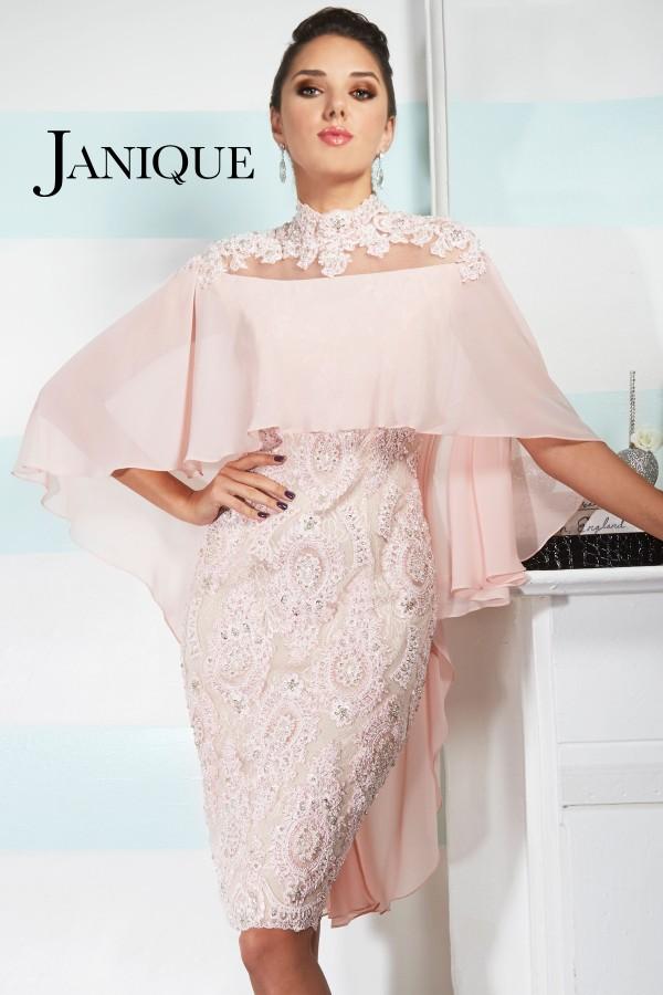Janique - Short Embellished Lace Cocktail Dress With Chiffon Cape W1011