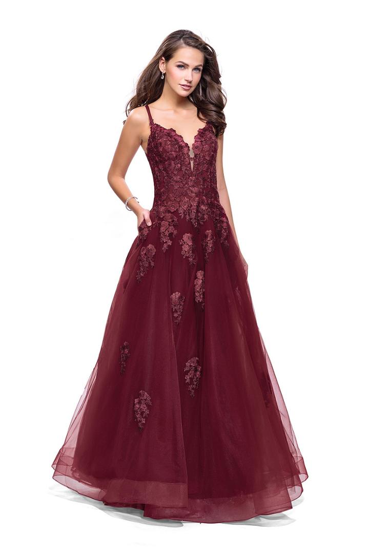 La Femme - 26236 Lace Deep V-neck Tulle A-line Dress