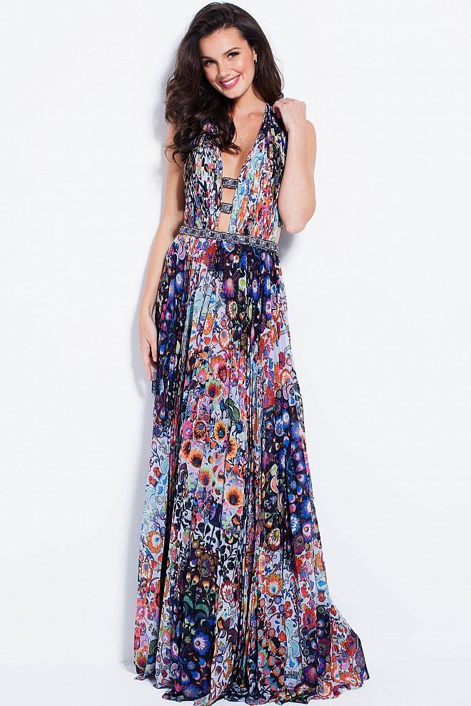Jovani - 59452 Plunging Halter Neck Print Chiffon Prom Dress