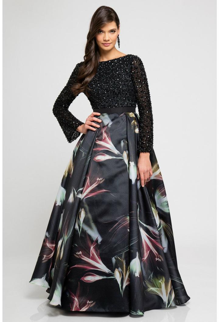Terani Evening - 1722e4194 Long Sleeve Floral Print Evening Gown